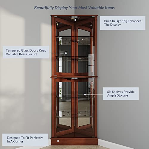 Image of BELLEZE Lighted Corner Display Curio Cabinet Wooden Shelving Unit with Tempered Glass Door, Bar and Liquor Storage Area with 6 Shelves - Woody (Walnut)