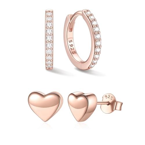 ChicSilver Sterling Silver Earrings Bundle, Rose Gold Hoop Earrings & Rose Gold Plated Silver Heart Earrings