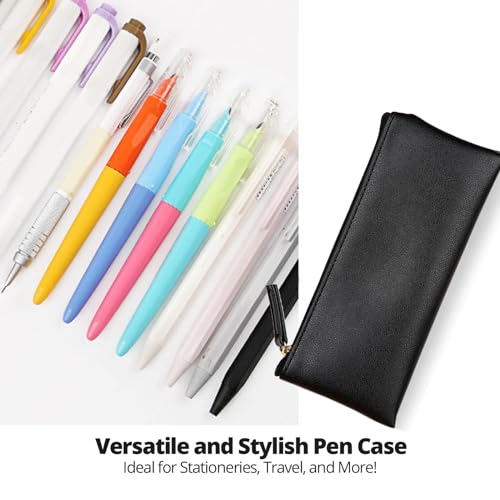 Image of Black Pencil Case Pen Pouch for Purse PU Pen Case Small Black Pouch with Zipper for Travel Toiletries and Accessories Slim and Stylish Pouch for Women Pens Markers Makeups Change Pouch