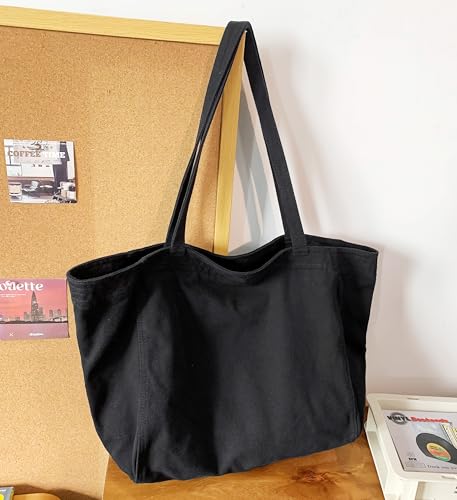 Image of Cotton Tote Handbag Women Canvas Crossbody Beach Bag Hobo Shoulder Tote Bag with 3 External Pocket,Zipper Closure