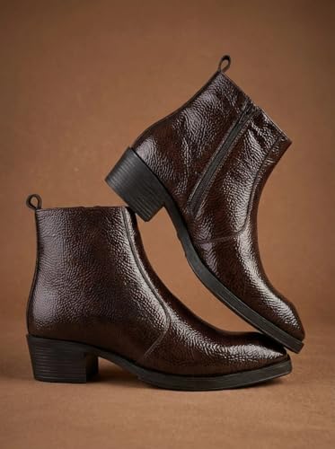 Image of Big Fox Men's Tan Textured Cuban Boots | Premium Ankle-Length Fashion Boots | Stylish, Durable & Comfortable