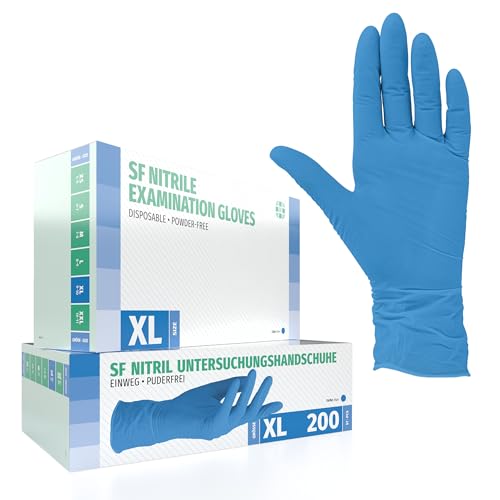 SF Nitrilhandschuhe XL Blau – 200 Stück Einweghandschuhe, Einmalhandschuhe, Medizinische Handschuhe, Puderfrei, Latexfrei, Handschuhe Einweg zum Kochen, Putzen, für Medizin, Küche, Kosmetik, Haushalt