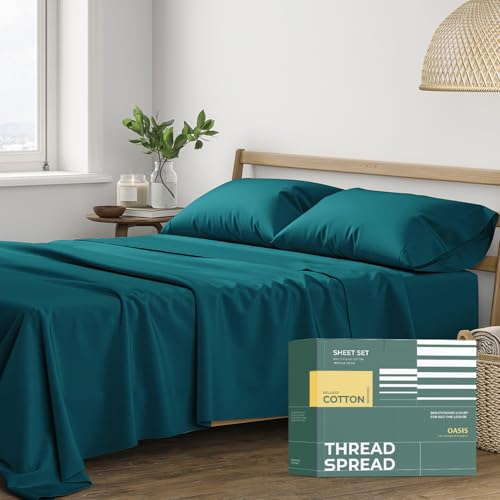 THREAD SPREAD 100% Organic Cotton Sheets King Size - 4 PC Organic Cotton King Size Percale Weave Sheet Set, Soft, Cooling, Crisp & Breathable, 16" Deep Pocket Hotel Quality Bedding Set - Teal