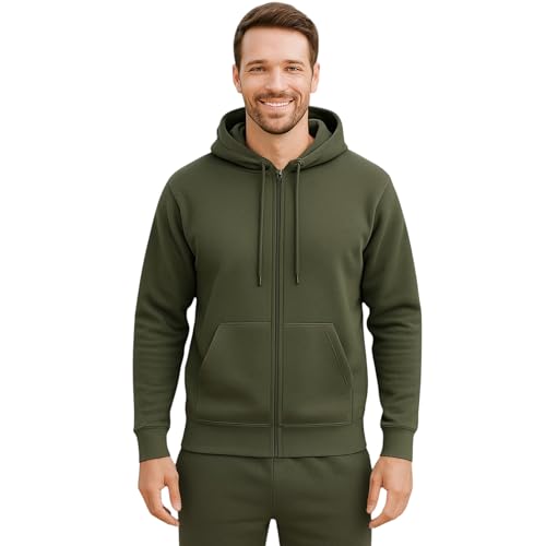 Urban Road Men’s Plain Fleece Zip Hoodie – Full Zip Hooded Sweatshirt with Pockets, 50/50 Cotton Polyester, Casual & Workwear, Regular & Plus Sizes Military Green