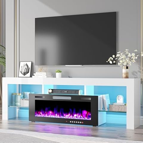 TOLEAD 70" TV Stand with 36" Electric Fireplace,Gaming Entertainment Center 12 Flame Colors & 196 Color-Changing LED Lights and High-Gloss Cabinet for Living Room White Cover