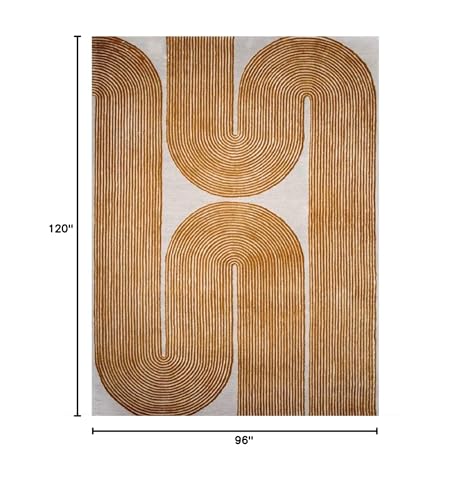 Image of Modern Handmade Wool Area Rug, Abstract Curved Line Geometric Carpet for Living Room Bedroom, Contemporary Tufted Indoor Rug with Soft Pile and Cotton Backing (Gold, 5' x 8')