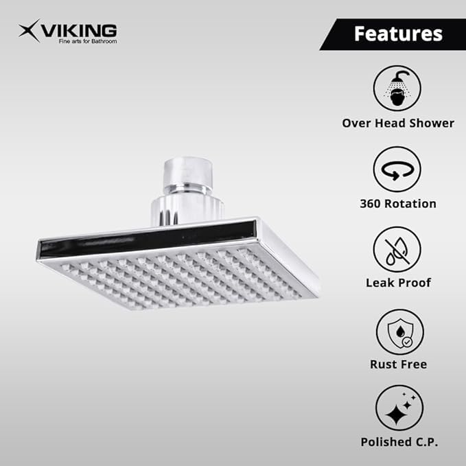 Image of Viking ABS Rain Shower | Polished Chrome | 4x4 Inches (100mm) Square Showerhead | Thread 15mm, Inner | Rotatable Spindle | Easy-to-Clean Nozzles | Without Arm