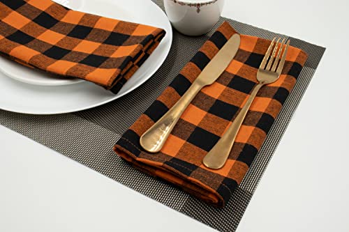 Purpleessences Cloth Dinner Napkins Buffalo Check Gingham Plaid 18 X 18 Set Of 12-100% Cotton Soft Durable Fall Autumn Decorations Thanksgiving Christmas - Everyday Use Table Linen - Orange Black #TOP3