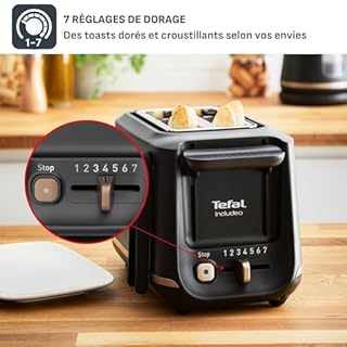 Tefal Grille-pain 2 fentes, Pinces Magnétiques, 7 niveaux de dorage, Tiroir ramasse-miettes amovible, Grandes commandes, Fonction surélévation, Includeo, Noire, TT533811