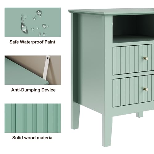 FansaFurn Fluted Night Stand Set of 2, Wide Nightstand with 2 Drawers, 23\" Tall Wood End Table with Storage, Modern Bedside Table with Golden Handle for Bedroom Living Room, Home Office, Green - Thumbnail 5