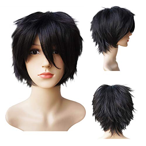 Another Me Women Men’s Layered Short Straight Wig Natural Black Hair Heat Resistant Fiber Wig Party Cosplay Accessories