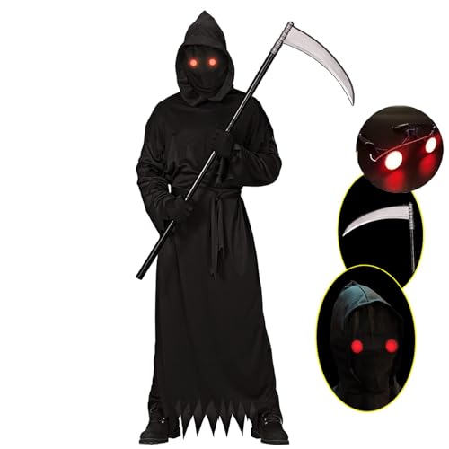 AONAT Disfraz de Halloween Disfraz de Parca Segador Disfraz De La Parca,Disfraz Halloween Niños Disfraz de Halloween Fantasma Espeluznante con Ojos Brillantes para Truco o Trato en Halloween （150CM）