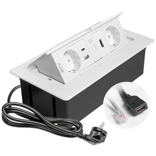 Enchufe empotrable retráctil blanco con Schuko y conexiones multimedia para mesas de reunión 2