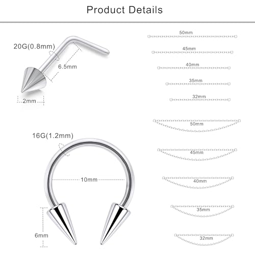 Lcolyoli Nose Chain Piercing Across Nose Rings for Women Men Surgical Steel Spike Nose Studs with Chain Nose Rings Stud Double Nose Piercings Long Spike Septum Rings Nostril Piercing Jewelry2