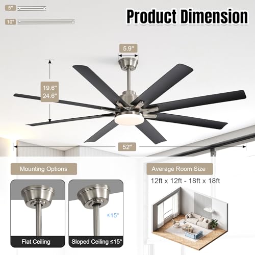 Image of Sofucor 52 Inch Ceiling Fans with Lights and Remote, Modern Black Indoor /Outdoor Ceiling Fan with Quiet Reversible DC Motor, Dimmable LED, 8 Blades Ceiling Fan Light for Bedroom, Living Room, Patio