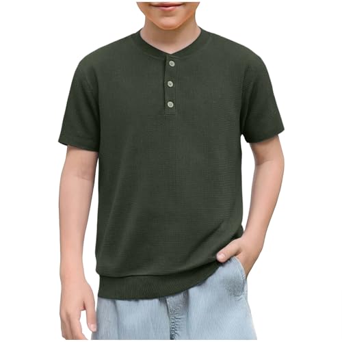 Henley Shirts for Boys Short Sleeve Button Down Crewneck Basic Pullover T-Shirt Back to School Season Fashion Tops Army Green