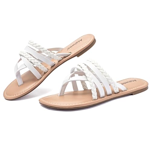 Image of Ataiwee Women's Flat Slide Sandals - Comfortable Open Toe Design,Casual Slip-On with Ankle Strap,Hook-and-Loop Closure Summer Sandals.