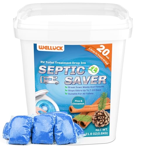 WELLUCK 20 Packs RV Toilet Treatment Drop Ins, Black Tank Deodorizer for Camper, Marine Portable Toilet, Break Down Waste and Tissue, Septic Tank Treatment, Kit for 20 Week (Pine&Cinnamon)