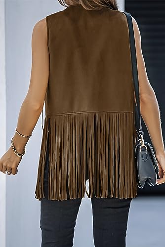 Dokotoo Colete feminino com franjas, estilo hippie, sem mangas, camurça sintética, franja, couro, ro