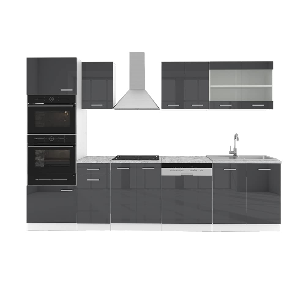 Vicco Küchenzeile R-Line, Anthrazit Hochglanz, 300 cm mit Hochschrank, ohne Arbeitsplatte, mit variabel anordenbaren Modulen und höhenverstellbaren Füßen