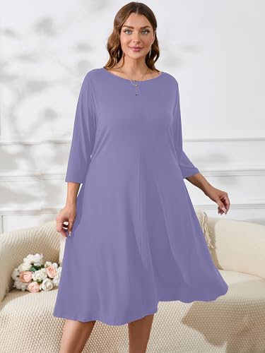 Image of AusLook Women's Plus Midi Dresses Crew Neck A Line 3 /4 Sleeves Casual Elegant Loose Wedding Vacation Dress with Pockets