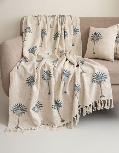 Image of Handwoven Cotton Sofa Throw Blanket with 2 pcs Cushion Covers Lightweight Decorative Couch & Bed Throw (Pack of 3, Blue Palm Tree)