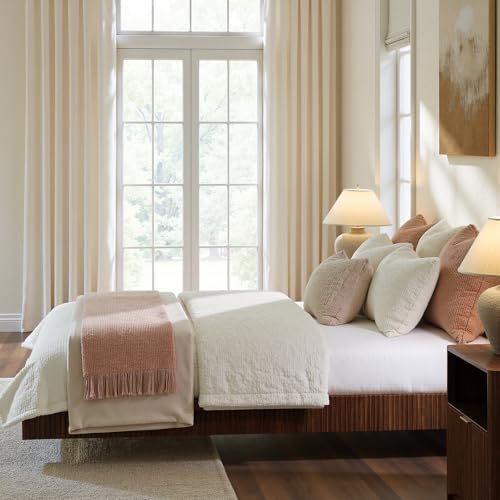 Image of Evermagin Walnut King Floating Bed Frame with led Lights, Fluted 14In High Platform Bed No Headboard, Mid Century Modern Float Metal Bedframe, No Box Spring Needed (Walnut, King-14in high)