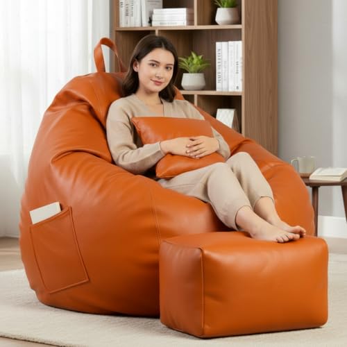 Image of KAM'S LIEU 5XL Luxury Faux Leather Bean Bag with Footrest & Cushion | Pre-Filled High-Density Polystyrene Beans | Premium Leatherette | 6 Months Warranty Color- (Orange, Without Footrest)