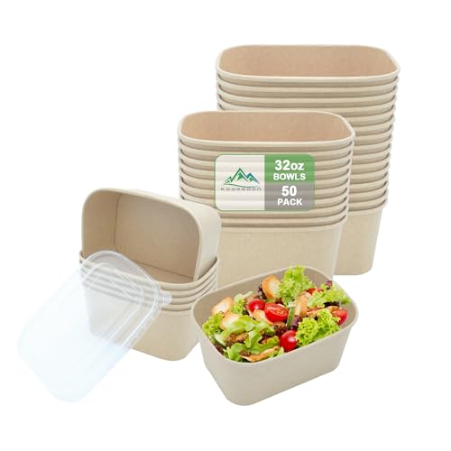 Kaderron 50 Pack 32 OZ Large Paper Bowls with Lids, Heavy Duty Disposable Compostable Container for Party, Disposable Bowls Bulk Soak-Proof and Microwave Safe for Hot/Cold Use(32OZ-50PACK)