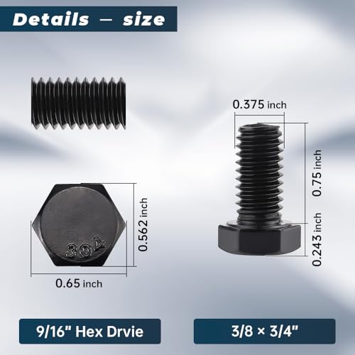 Image of Glvaner 3 /8-16 x 3 /4 inch Stainless Steel Hex Head Screws Bolts, Black Coated, 304 Stainless Steel 18-8, Hexagon Head Bolts, Full Thread, 10 pcs