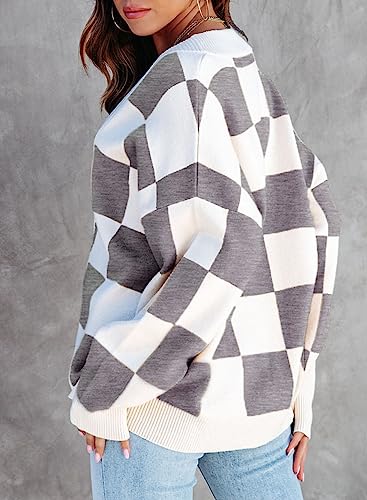 Dokotoo Womens Plaid V Neck Button Down Long Sleeve Cable Knit Oversized Cardigan Sweaters Tops3