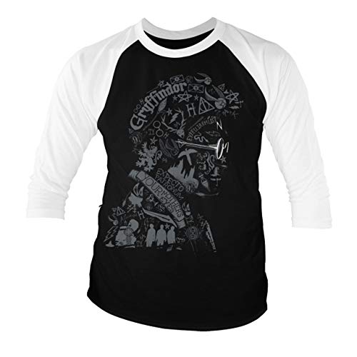 Image of Harry Potter Officially Licensed Wordings and Symbols Baseball 3/4 Sleeve T-Shirt (Black-White), X-Large