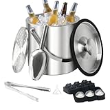 VirtuGro 4L Ice Bucket with Lid and Tongs, Double Walled Insulated Ice Bucket with Scoop Strainer Ice Cube Moulds, Large Stainless Steel Ice Buckets for for Parties Home Bars Pubs BBQ Picnics Cocktail