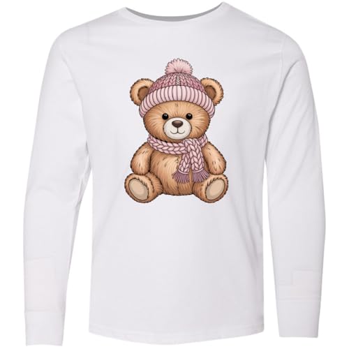inktastic Cute Teddy Bear Winter Scarf Hat Youth Long Sleeve T-Shirt Youth Medium (10-12) 0020 White 47b01
