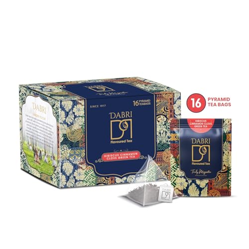 Image of Dabri Hibiscus Green Tea 32 Pyramid Dip Teabags|Pack of 2 x 16 Bags Each|Premium Loose Leaf Blend with Cinnamon, Clove|Natural Hibiscus leaves & Spices|Manage Weight, Hair Regrowth