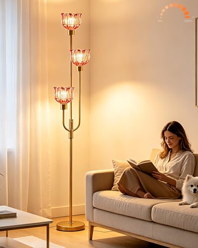 Image of Lightdot 3-Lights Modern Glass Floor Lamp 66IN Gold Dimmable Floor Lamps with 3000K Warm White Bulbs for Wedding Party Tall Standing Lamp with Deep Red Glass Shade for Living Room /Bedroom /Home Decor