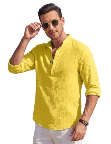 Image of Men's Cotton Blend Straight Kurta Shirt with Mandarin Collar - Slim Fit Casual Short Kurti Featuring Textured Slub Fabric and Roll-Up Full Sleeves