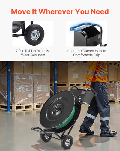 Image of VEVOR Banding Strapping Cart, for PET /PP Coils with 8 inch or 16 inch Core, Heavy Duty Strapping Dispenser with Upgrade Drum Brake System, Rubber Wheels and Built-in Spacious Tool Tray, 110 lbs Capacity
