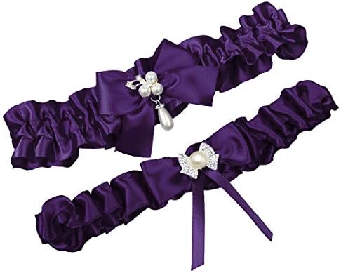 MerryJuly Satin Ribbon Wedding Bridal Garter Belt Set Toss Away Prom Garters (Grape/Eggplant-Plus Size(22-28 Inch))