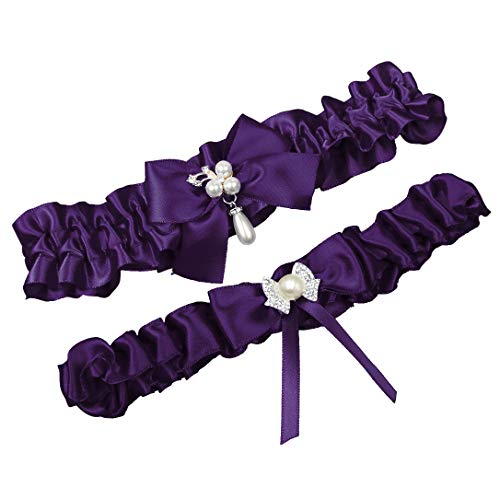 Merryjuly Satin Ribbon Wedding Bridal Garter Belt Set Toss Away Prom Garters (Grape/Eggplant-Plus Size(22-28 Inch)) #TOP1