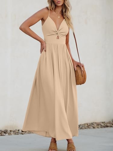 Image of CUPSHE Women Casual Dress Beach Sleeveless V Neck Summer Cutout Spaghetti Straps Formal Maxi Sun Dresses