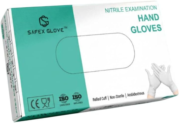 SAFEX GLOVE Nitrile Examination Gloves � Latex Free, Textured Grip for Wet & Dry Handling, Comfortable Fit � Suitable for Medical, Laboratory, Food Handling & General Use (White, L)