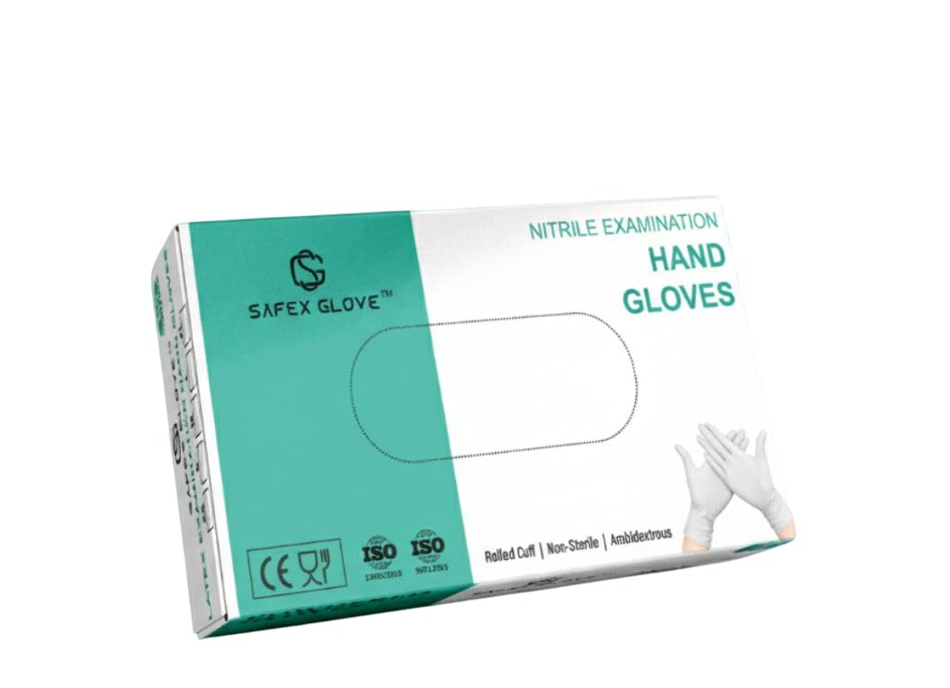 SAFEX GLOVE Nitrile Examination Gloves � Latex Free, Textured Grip for Wet & Dry Handling, Comfortable Fit � Suitable for Medical, Laboratory, Food Handling & General Use (White, L)