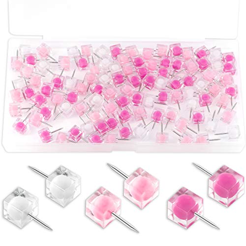 ViNUMEN Thumb Tacks Clear Colors Decorative Thumbtacks White Pink Transparent Colorful Push Pins map Tacks 100 pcs (Pink)