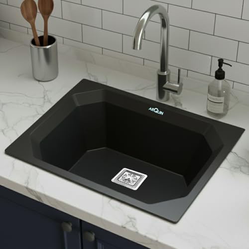 Image of ARQUIN Quartz Kitchen Sink 24x18x9 Inch Black Diamond | Single Bowl Sink | Durable & Scratch-Resistant | Undermount /Topmount Including Coupling, Waste Pipe & Fruit Washing Basket