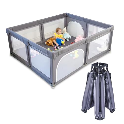 Image of Foldable Baby Playpen with Mat, 50x50inch Playpen for Babies and Toddlers,Portable Play Pen with 30pcs Ocean Balls and 4 Handlers Indoor & Outdoor. (59x59in)