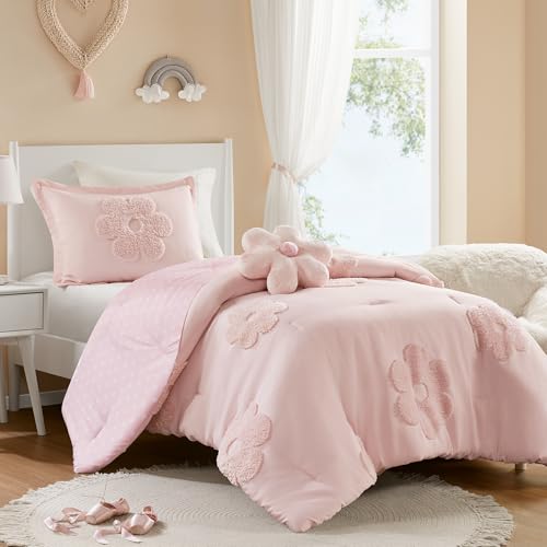 Intelligent Design Kids Twin Comforter Set for Girls, Tufted Chenille Floral Comforter Set Twin, Lightweight Polka Dot Comforter Reversible Bed Set, Sham, Pillow, Gracie, Twin Pink 3 Piece