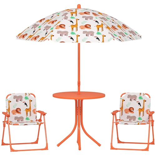 AIYAPLAY Ensemble Salon de Jardin extérieur Enfant, Table Enfant avec Chaise 4 pièces, Motif éléphant et Girafe, Parasol réglable Ø 100 cm, Chaise Pliable, pour...