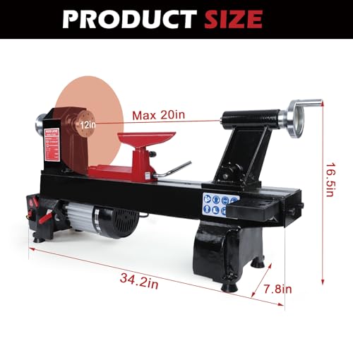 image for hightall Wood Lathe Machine, 12 x 20 inch, 550W 3/4HP, 5 Speed Setting