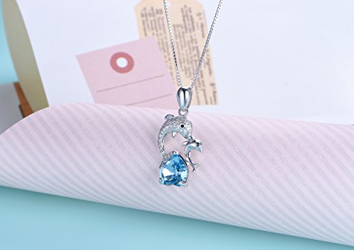 Tabwing Sterling Silver Mother And Baby Dolphin Heart Shape Pendant Necklace With 18" Box Chain For Women (Ocean Blue) #TOP2